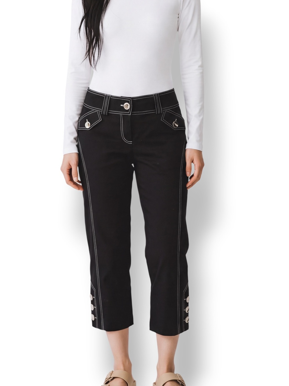 4/$20 Caché Black Contrast Stitch Button Detail Capri Pants Size 12